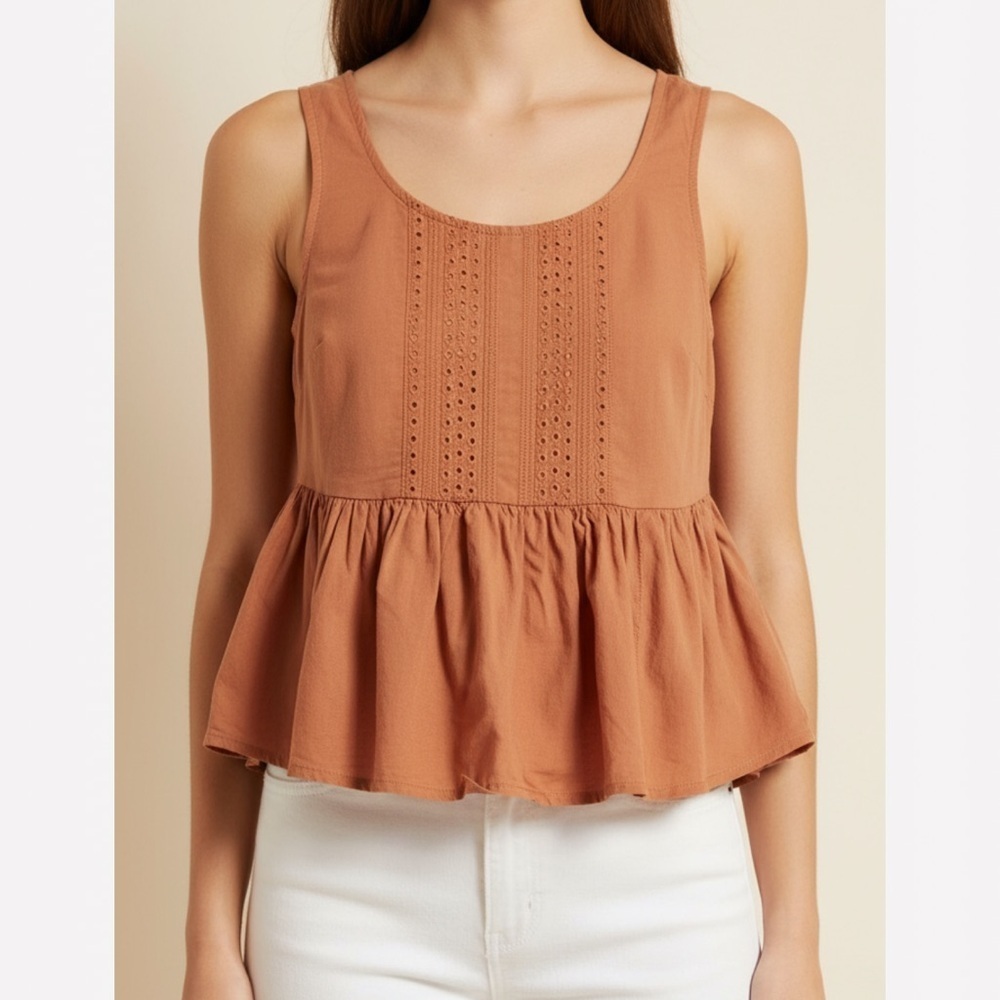 Anthropologie x Vanessa Virginia Sienna Tan Peplum Eyelet Tank‎ Top. Size 2